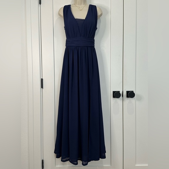 Lulus Heavenly Hues Maxi Dress Gown Deep V Modest Leg Slit Navy Blue Small Prom - Picture 2 of 16